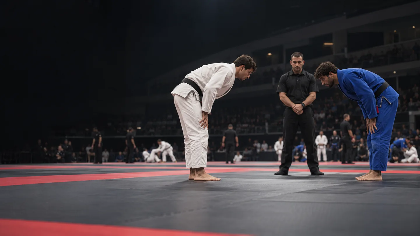 Two adult jiu-jitsu athletes bow before a match with the referee in the center