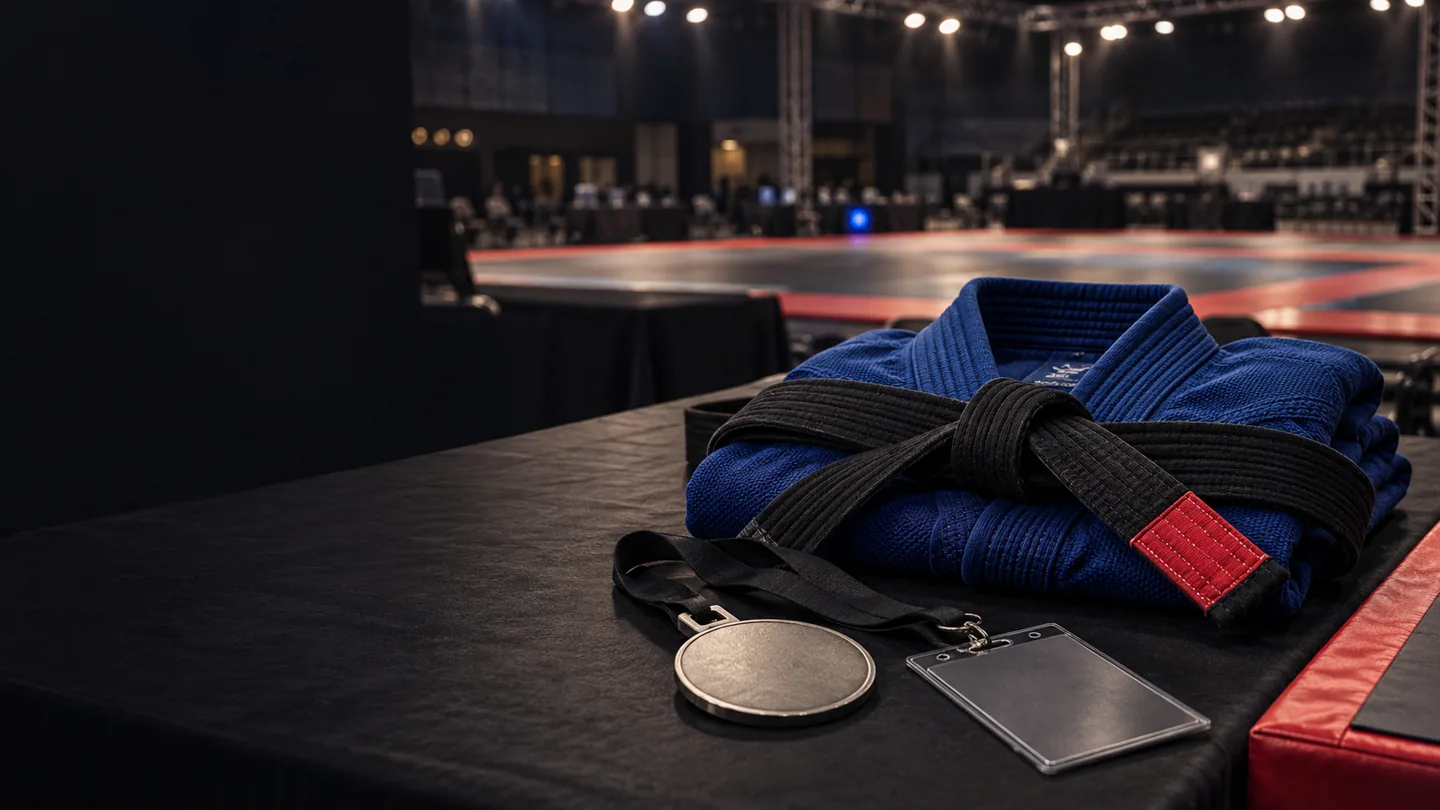 Blue gi, black belt, and medal prepared in a jiu-jitsu arena